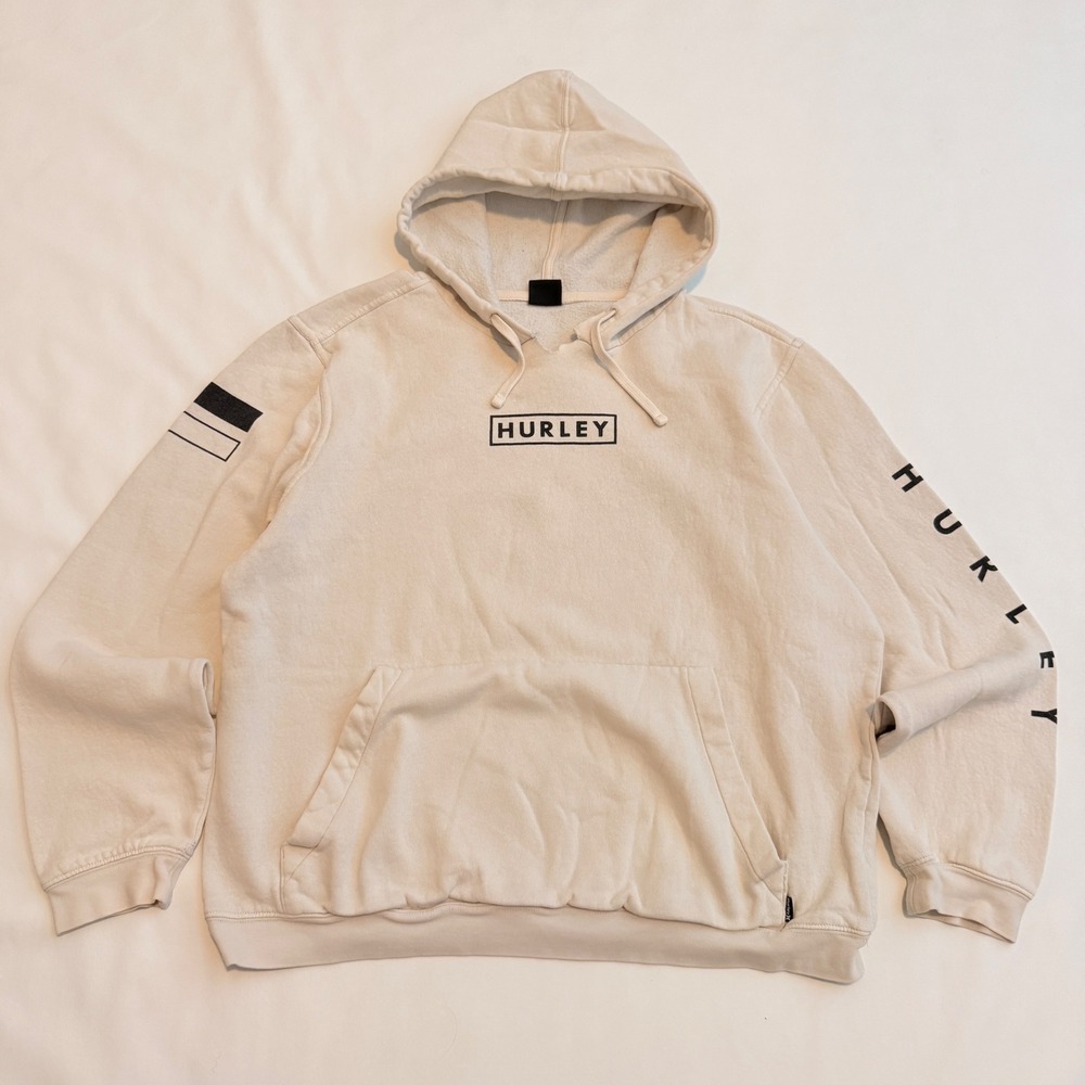 Hurley Hoodie Men Large Cream Pullover Sleeve Logo Surf Casual Sweatshirt